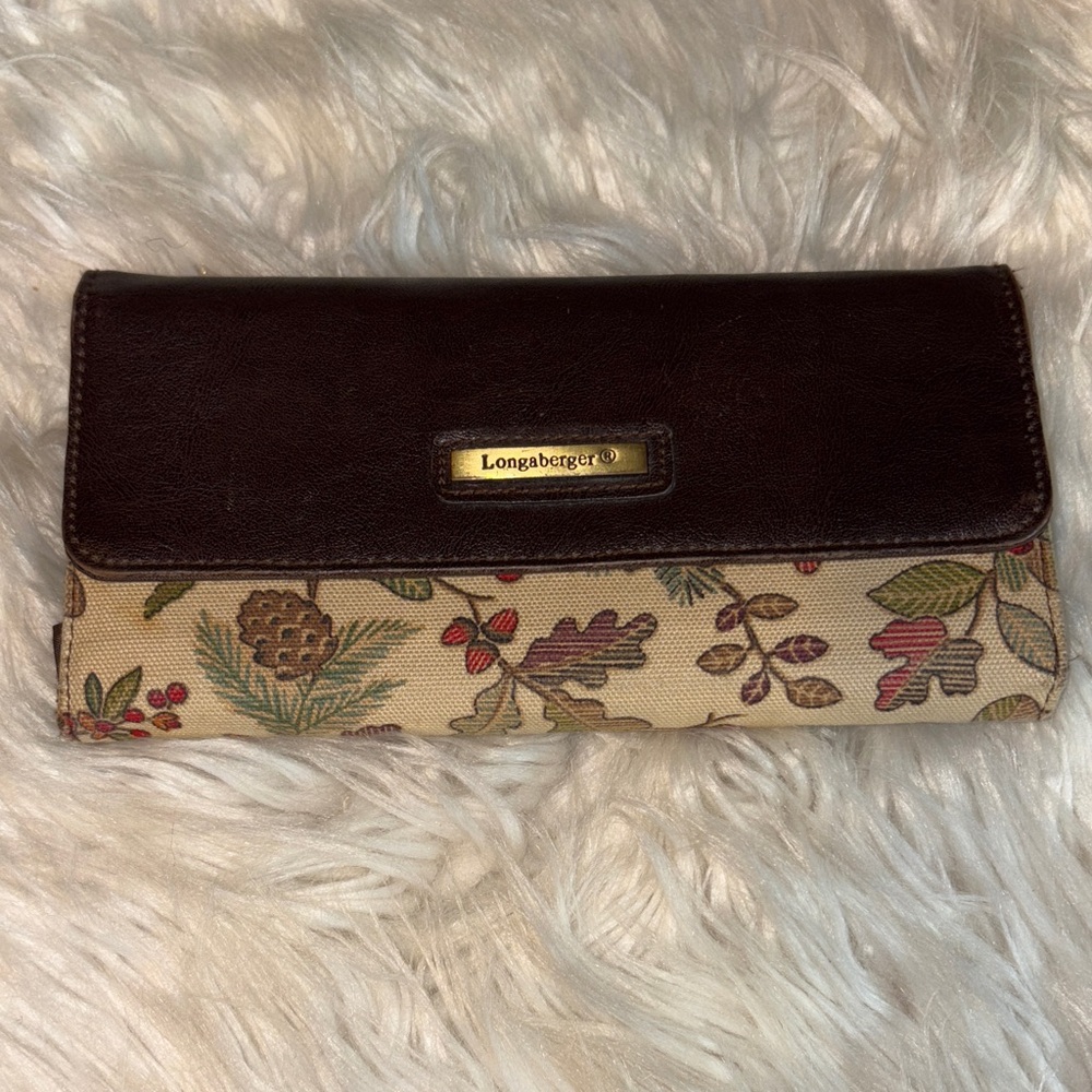 Longaberger Brown Leather and Tan Floral Clutch
